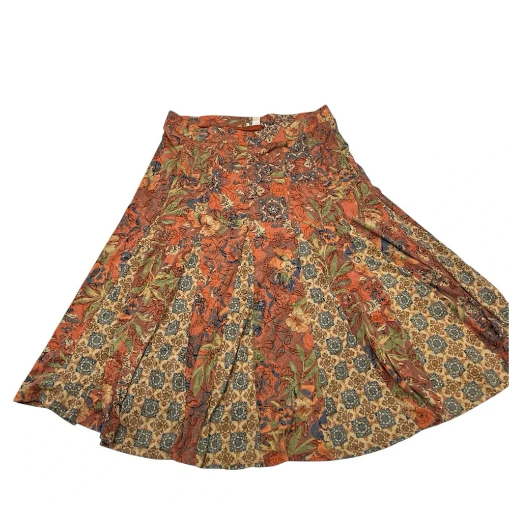 Coldwater Creek Skirt Fall Floral Patchwork Midi L Pull On Elastic Waist Earthy